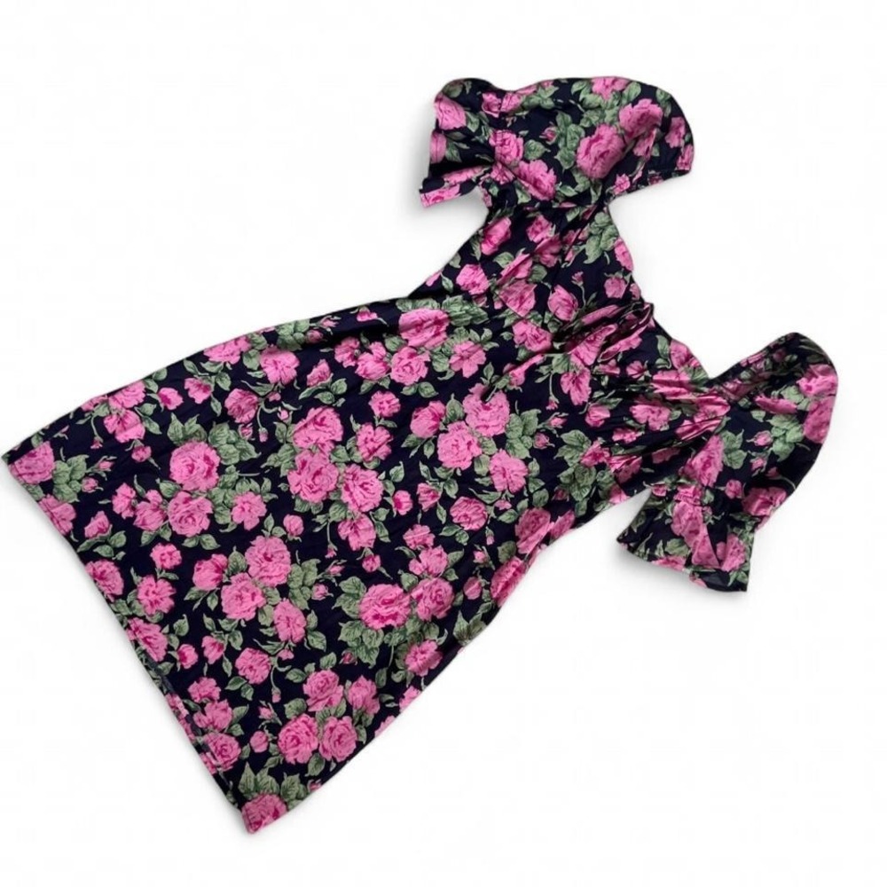 Black pink rose floral cotton puff sleeve mini dress size M coquette romantic